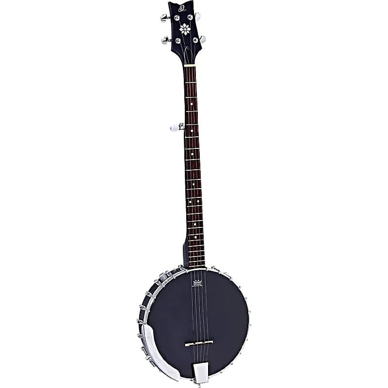 Banjo de 5 cuerdas con parte posterior abierta, serie Raven, modelo OBJE250OP-SBK de Ortega Guitars, en negro satinado, con funda de transporte